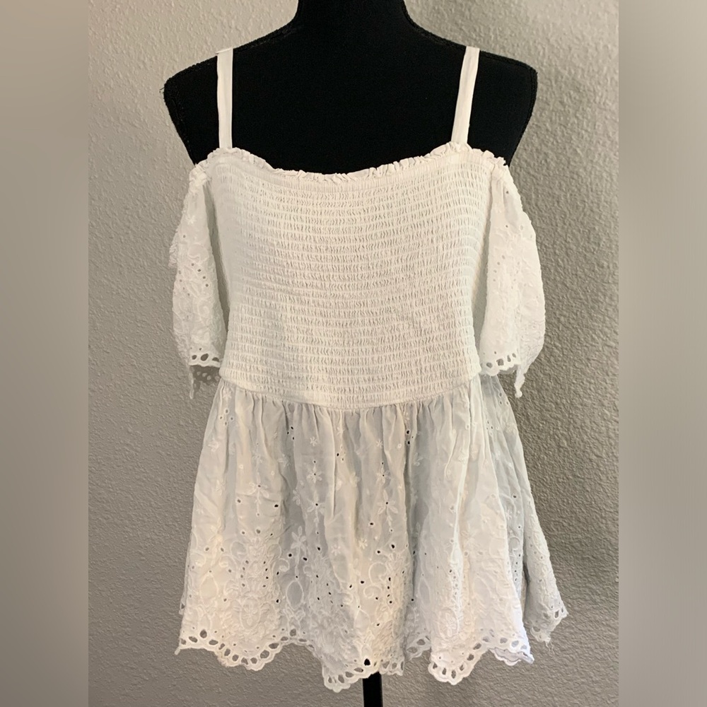 TORRID White Smocked Cold Shoulder Eyelet Midi Top